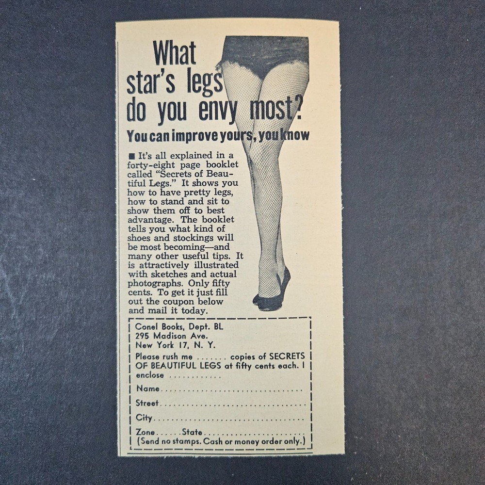 1960 Conel Books Secrets of Beautiful Legs‎ Vintage Print Ad Fishnets Shorts NYC